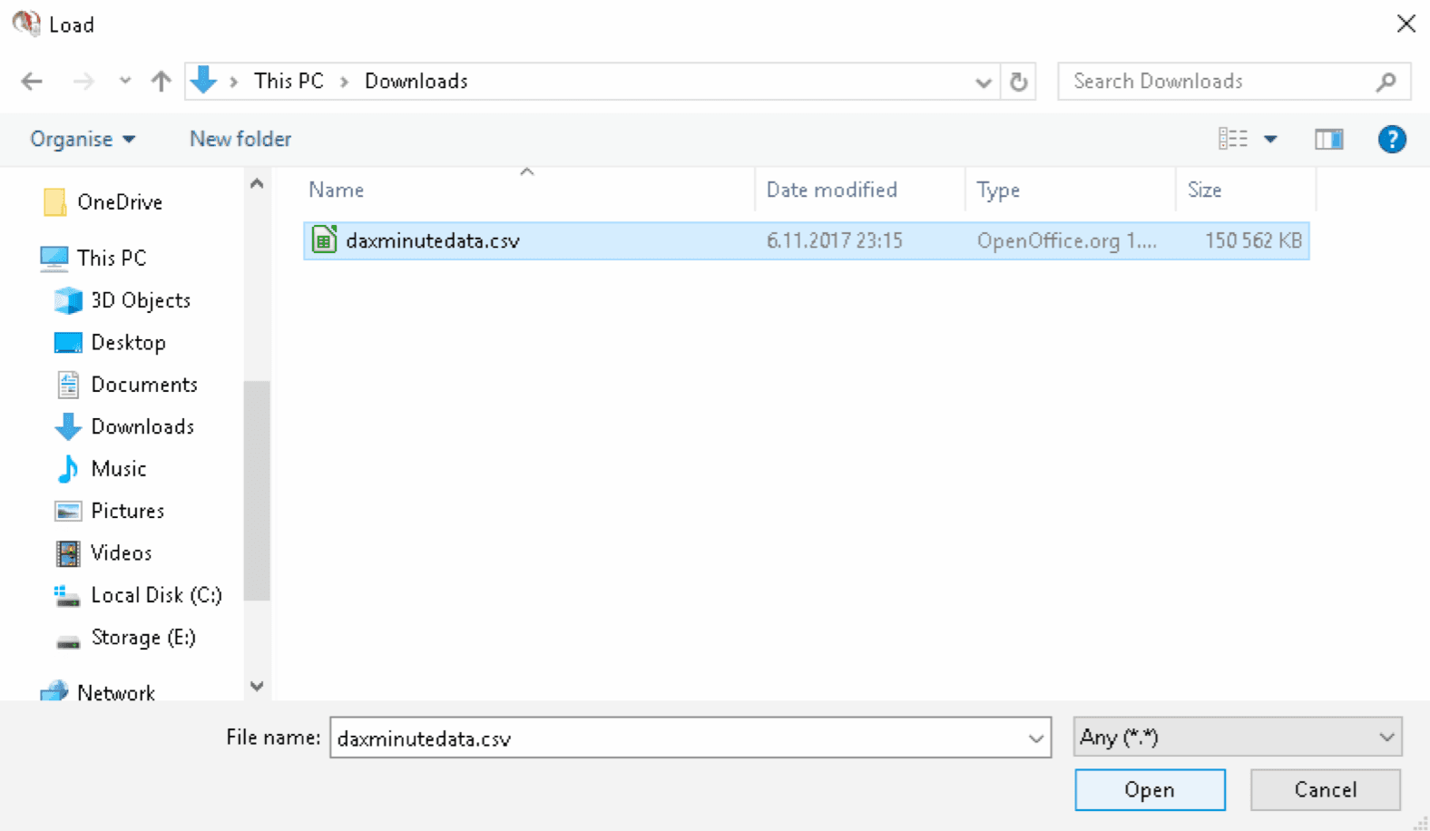 Step 4: browse and select the DAX intraday data file