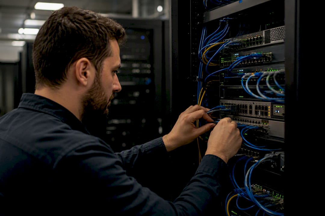 Hands wiring data center patch panel