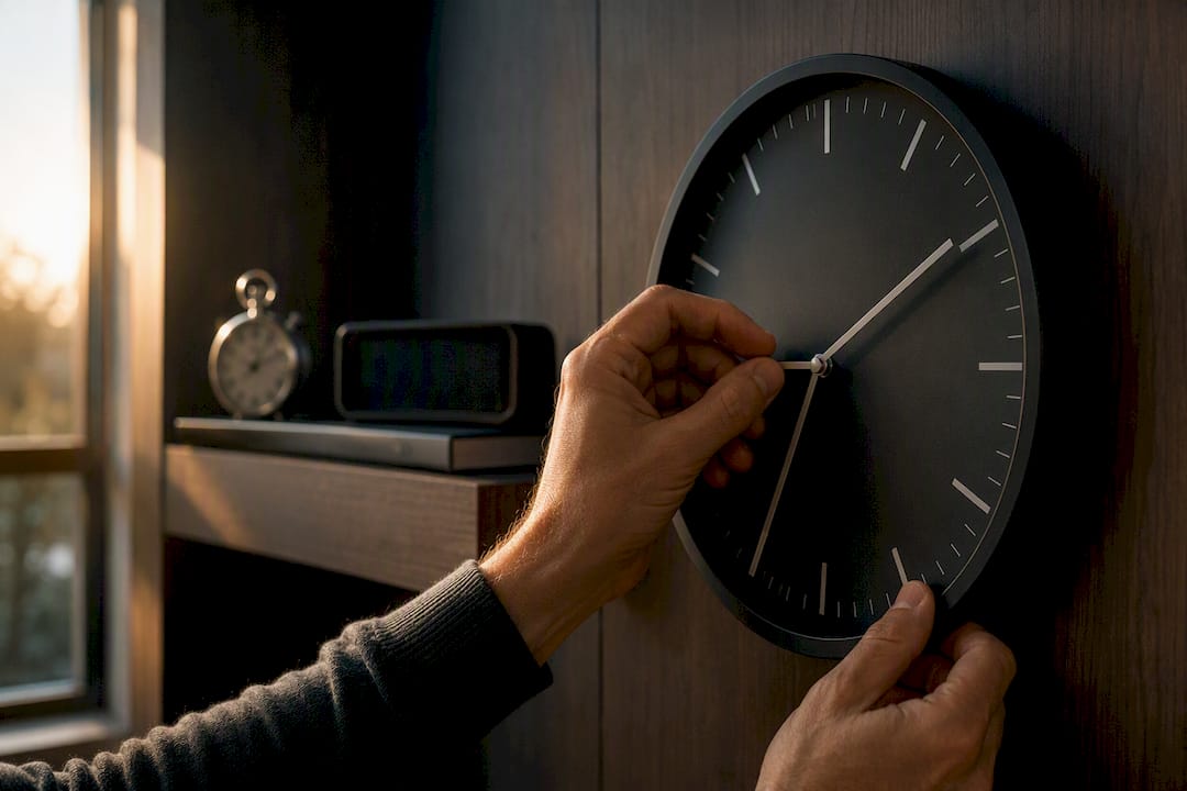 Hands adjusting modern wall clock for DST
