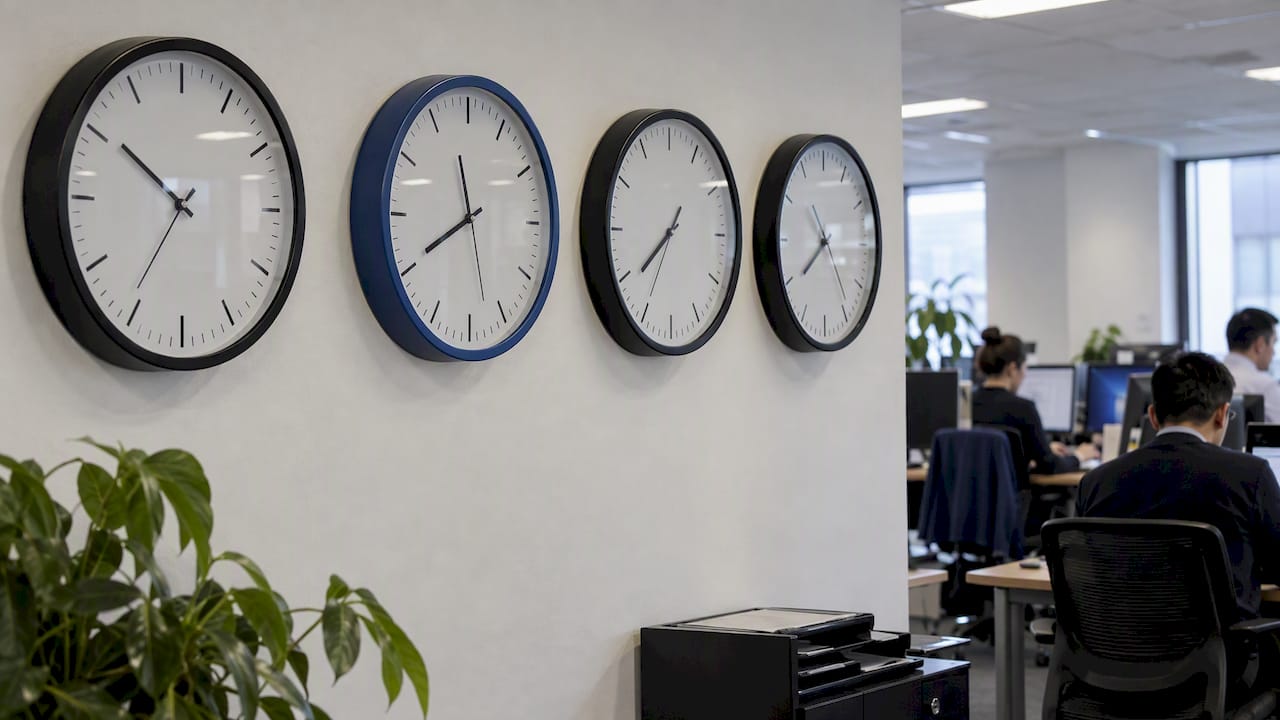 Wall clocks showing different forex hub times