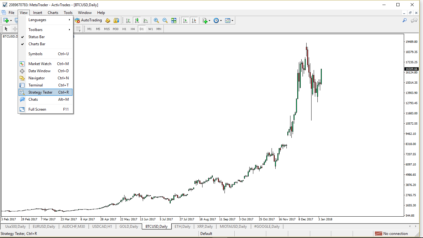 Open the Strategy Tester in MetaTrader 4 โ View menu