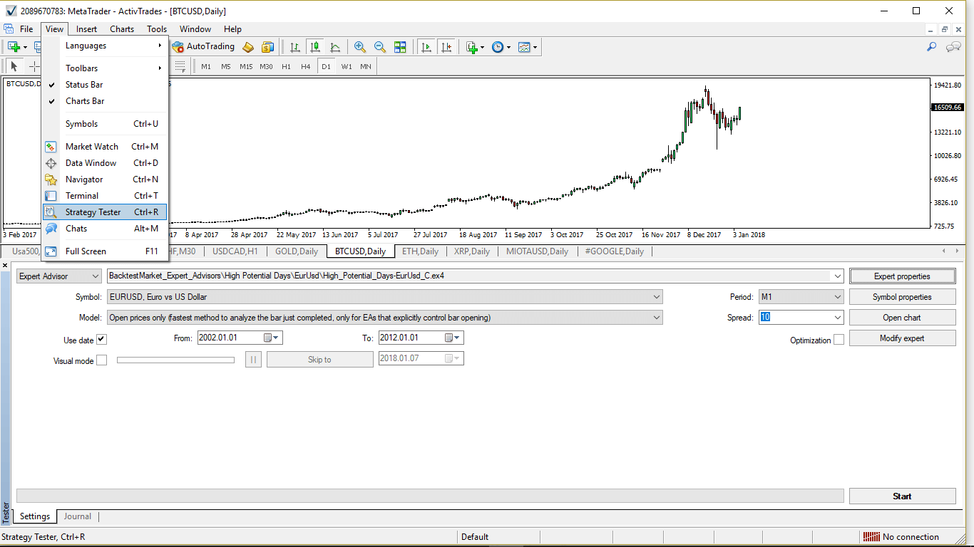 Strategy Tester panel at the bottom of MetaTrader 4
