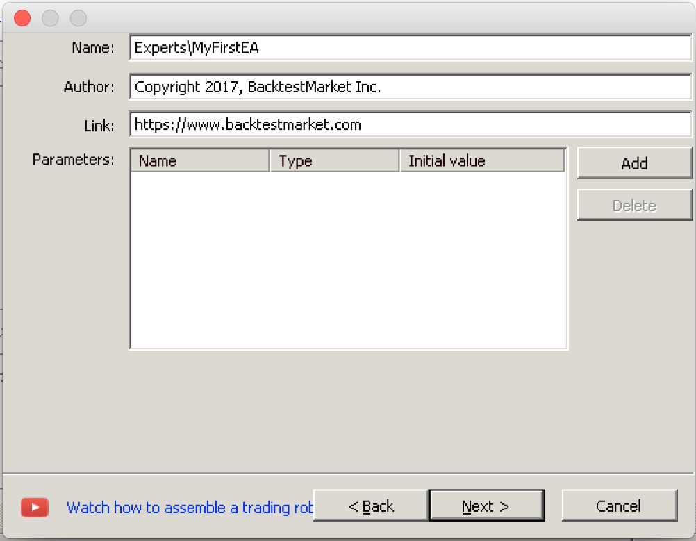 New file popup — choose Expert Advisor template