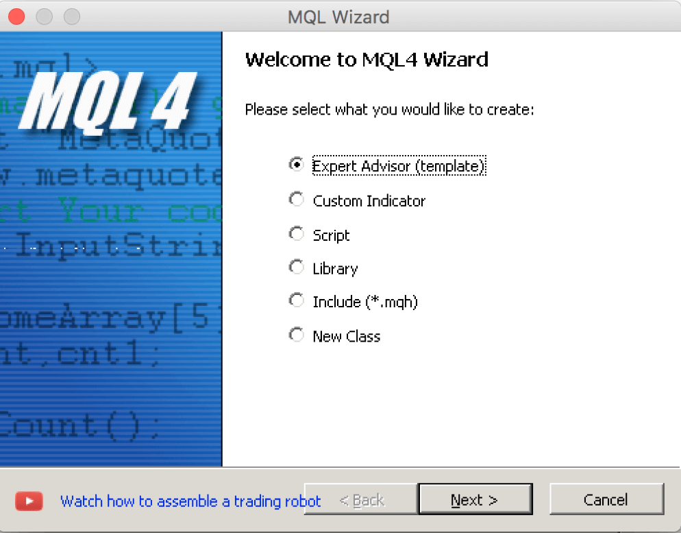 Expert Advisor naming screen in MetaEditor