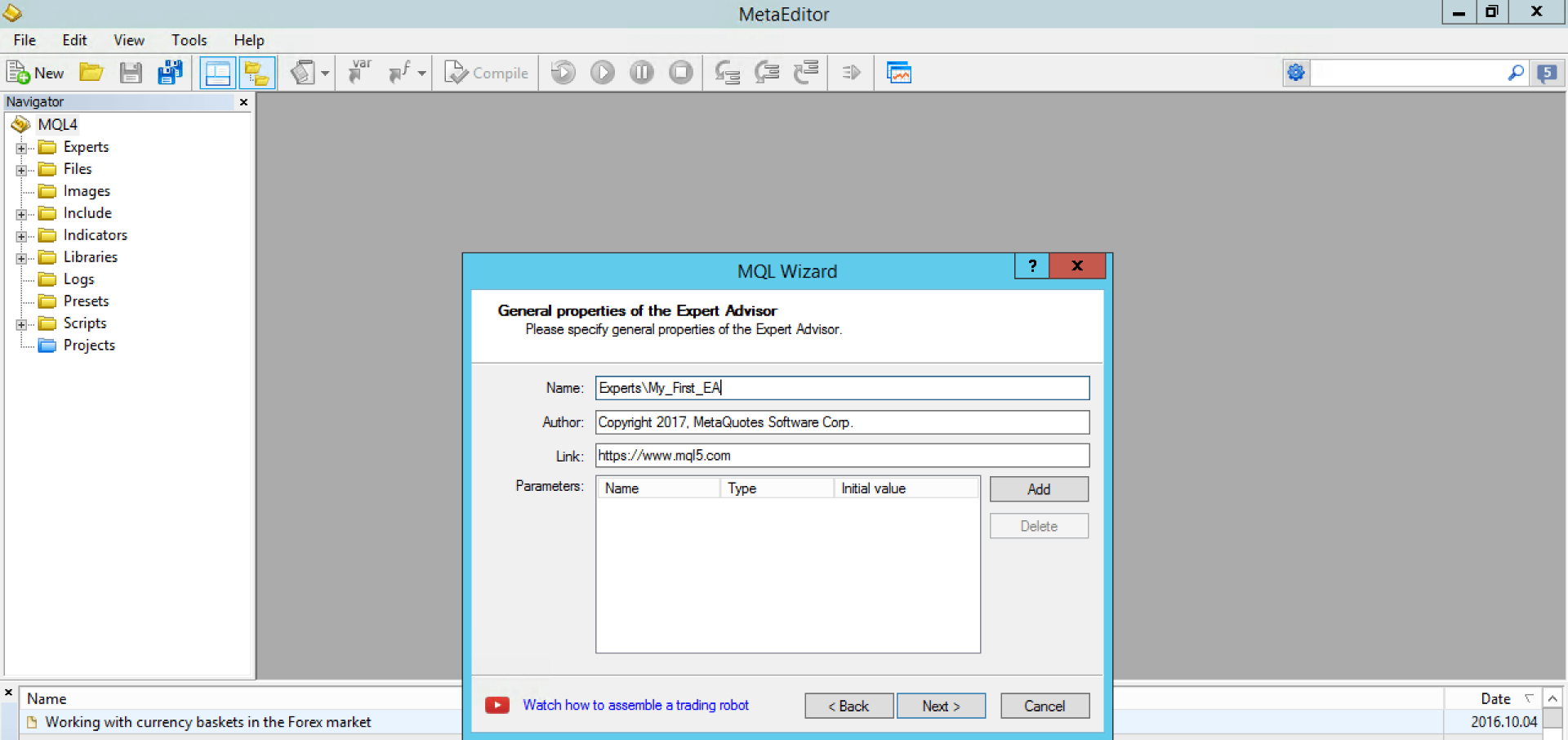 Naming the Expert Advisor in MetaEditor