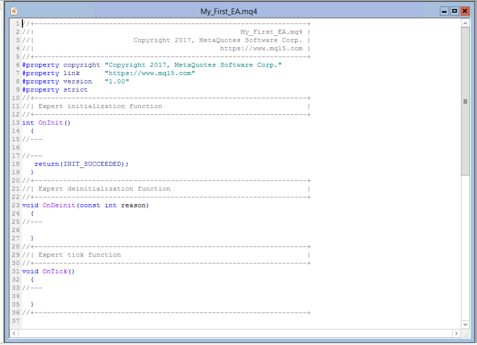 Sample MQL4 Expert Advisor skeleton with OnInit, OnDeinit, OnTick