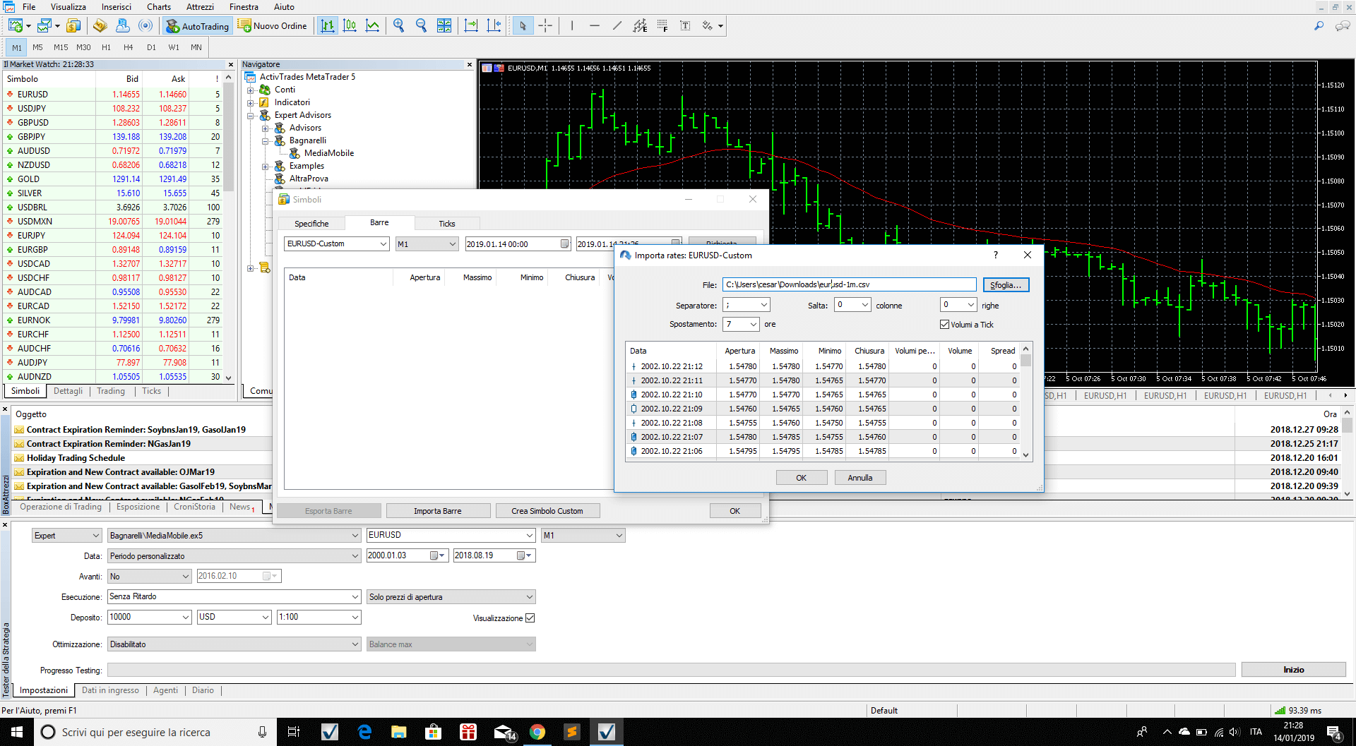Shift and separator settings for MT5 data import