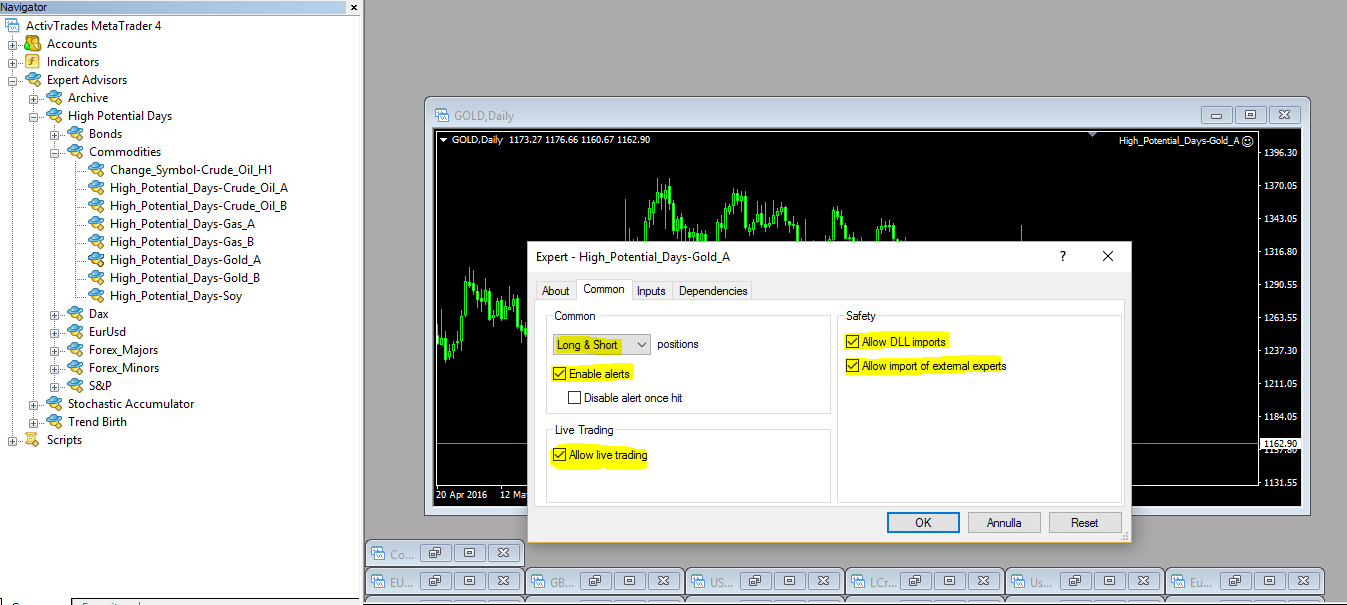 MetaTrader 4 EA Common settings — allow live trading