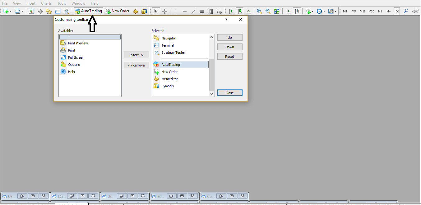 MetaTrader 4 — AutoTrading button enabled (green)