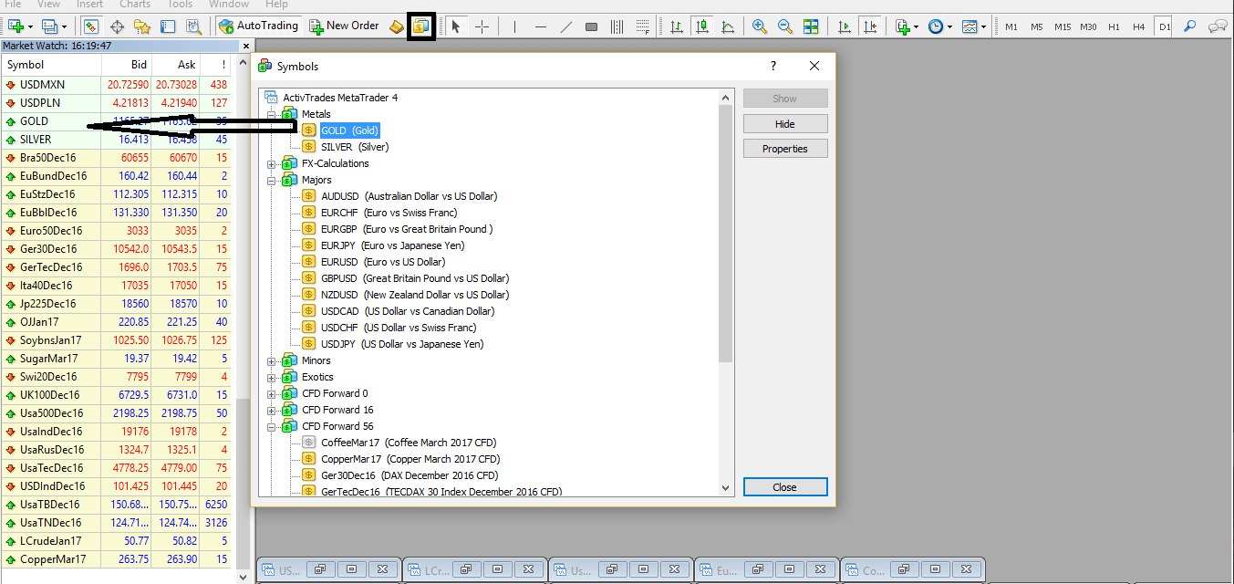 MetaTrader 4 Market Watch — symbols added and visible