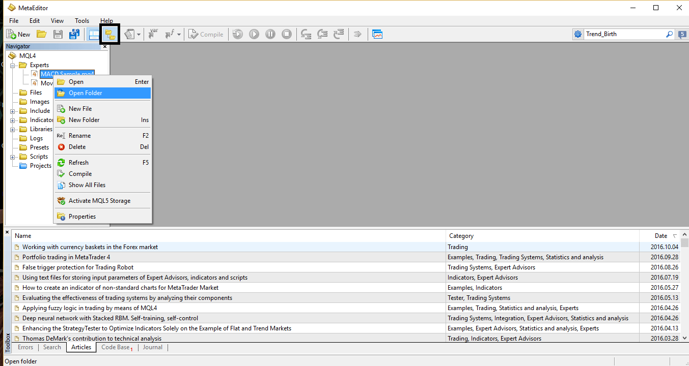 MetaEditor — right-click Expert folder to open it in Explorer