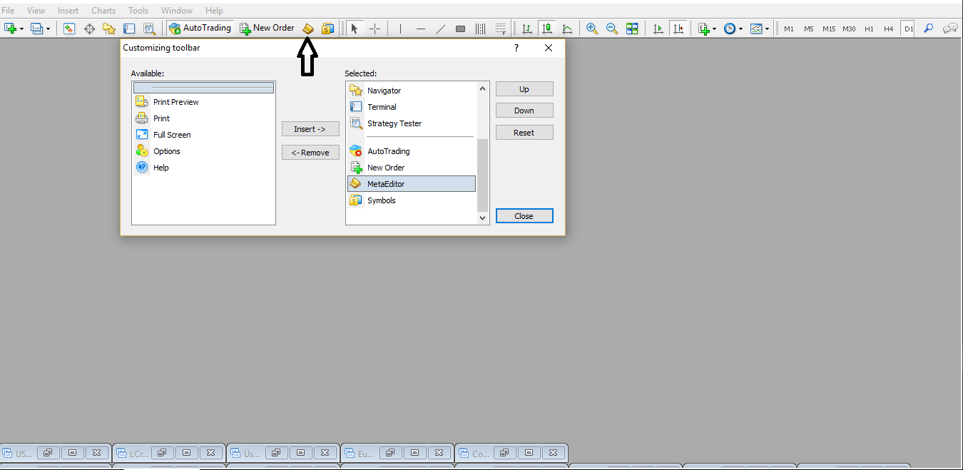 Open MetaEditor from MetaTrader 4 toolbar