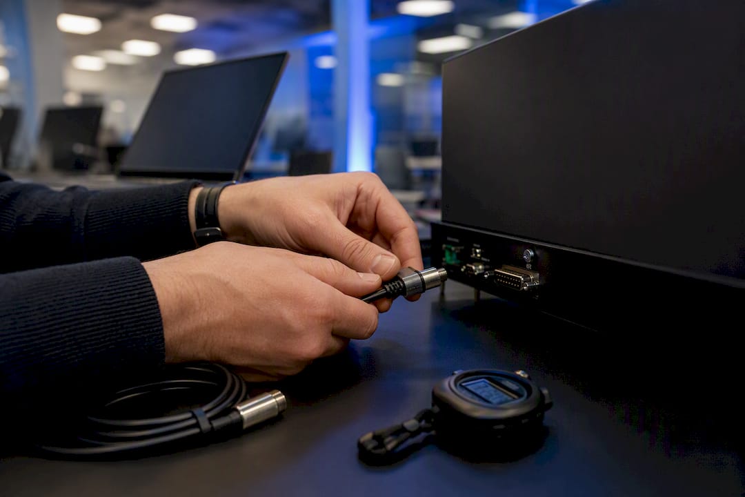 Hands connecting time-stamping device on trading desk