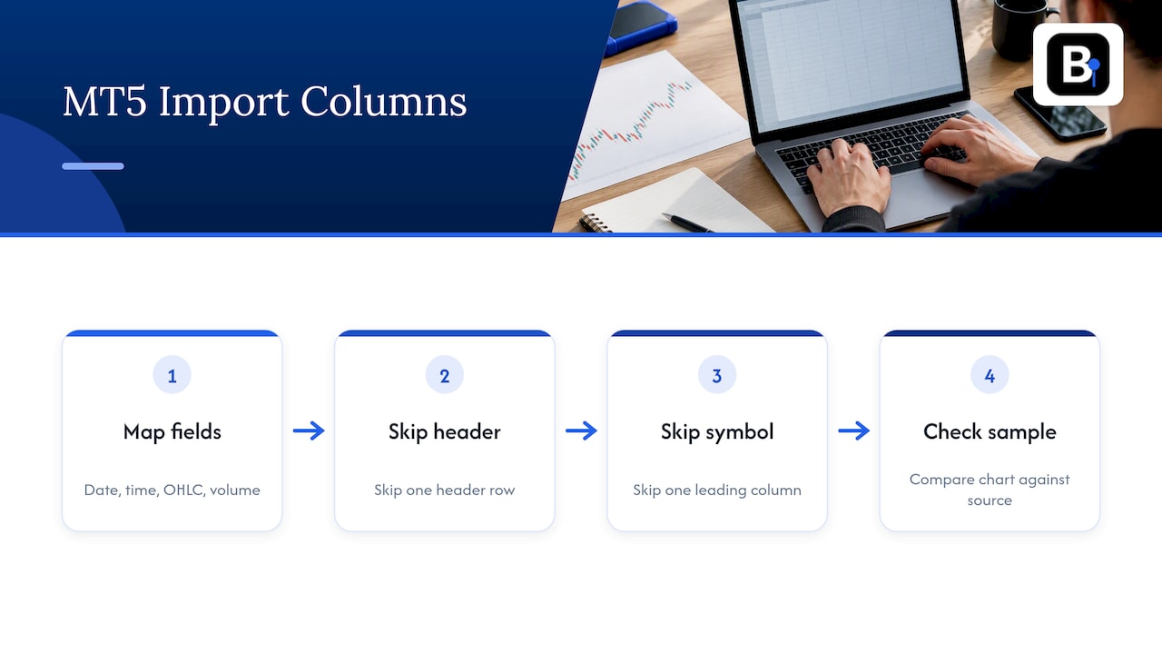 CSV minute-bar columns mapped for MT5 import