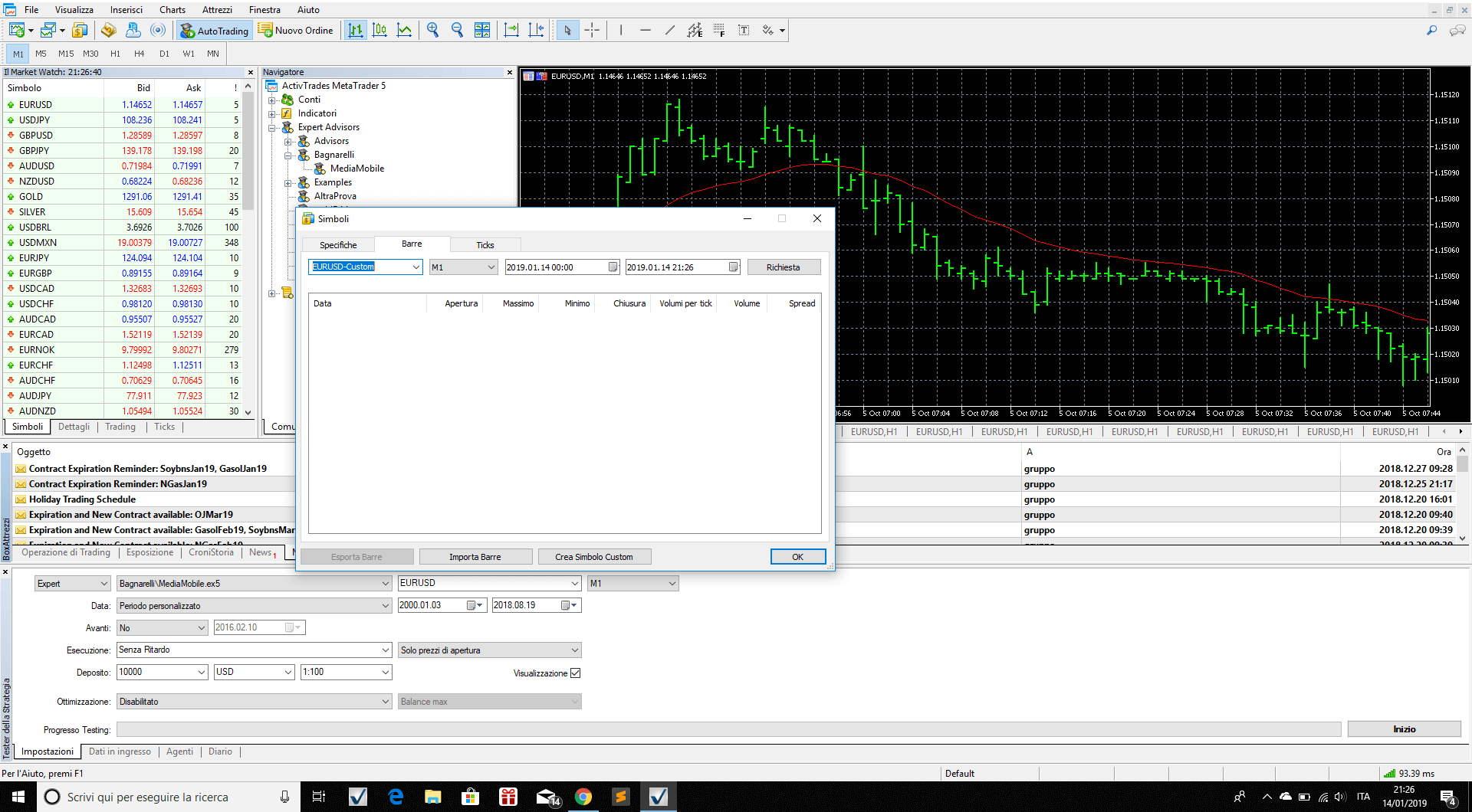 Bars to import 1 minute data