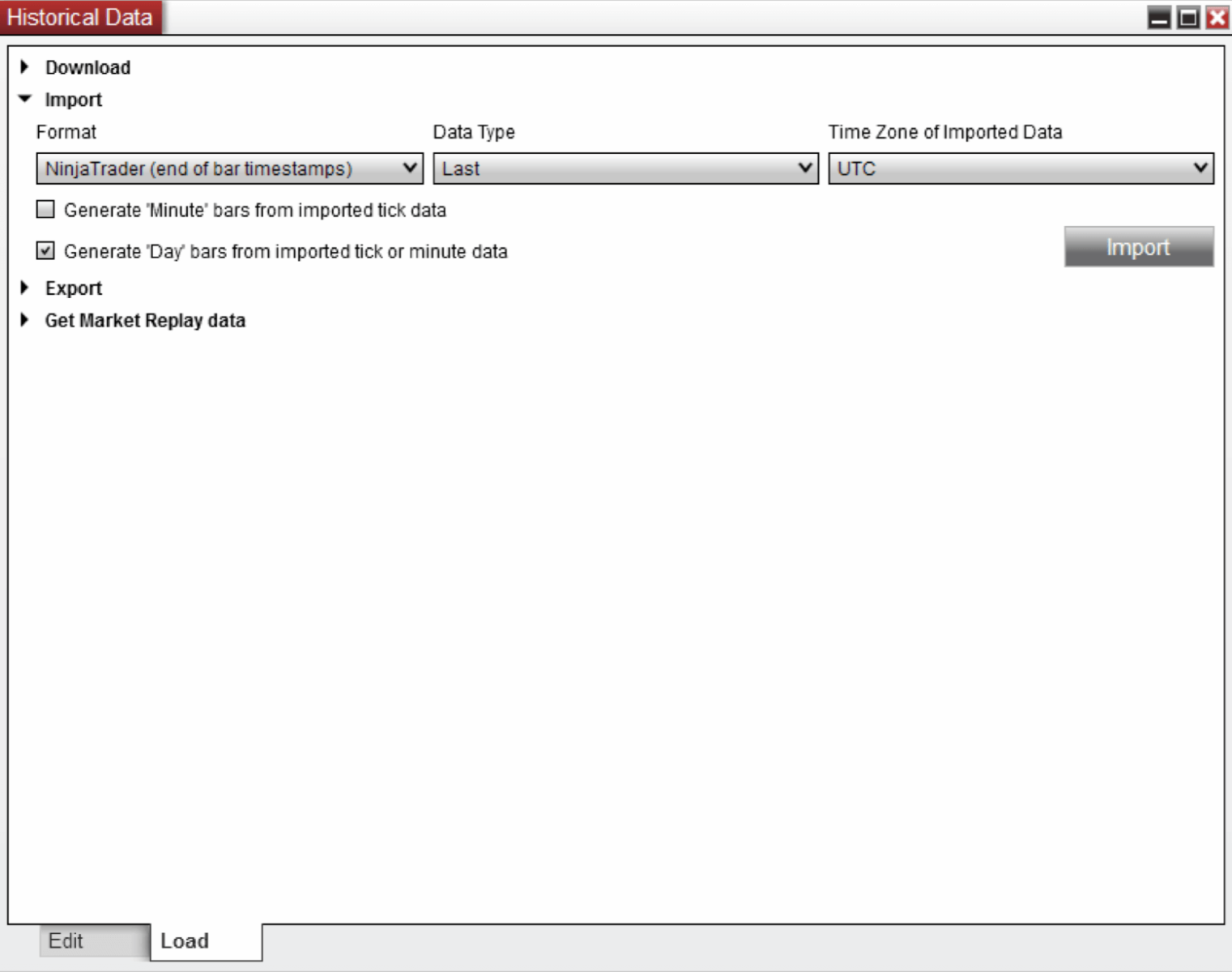Step 3: select data to import how to load data in Ninjatrader